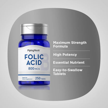 Piping Rock Folic Acid Supplement for Women and Men, 800 mcg, 250 Tablets, Maximum Strength Folate, Vegetarian, Non-GM, Gluten-free