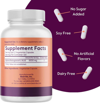 BESTVITE AKG (Alpha Ketoglutaric Acid) 1000mg per Serving - 240 Vegetarian Capsules - No Stearates - Vegan - Non GMO - Gluten-free