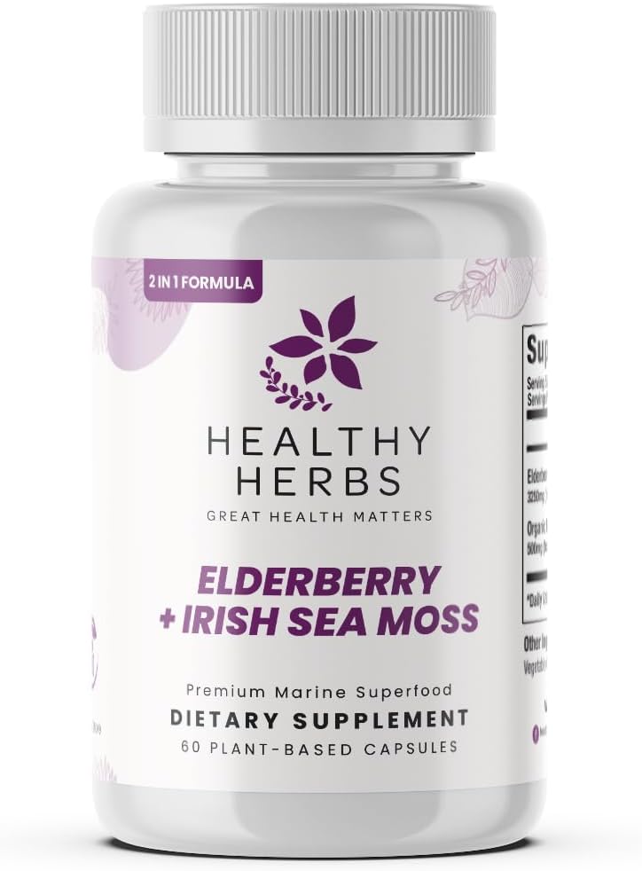 Healthy Herbs Wildcrafted Elderberry Sea Moss Capsules - 2600mg Irish Sea Moss + Elderberry Blend, Vegan, Non-GMO, 60 Capsules - görsel 1