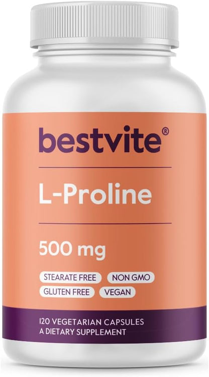 BESTVITE L-Proline 500mg – 120 Vegetarian Capsules – No Stearates, No Fillers, Vegan, Gluten-free, Non-GMO