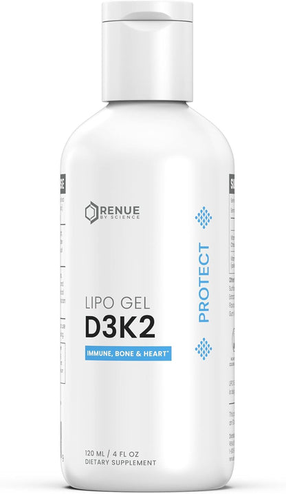 Renue By Science Vitamin D3 K2 Liposomal Gel - High Strength D3 & K2 Supplement with 2500 IU Vitamin D3 and 200 mcg Vitamin K2 per Serving, Non-GM, Allergen-Free, Made in the USA