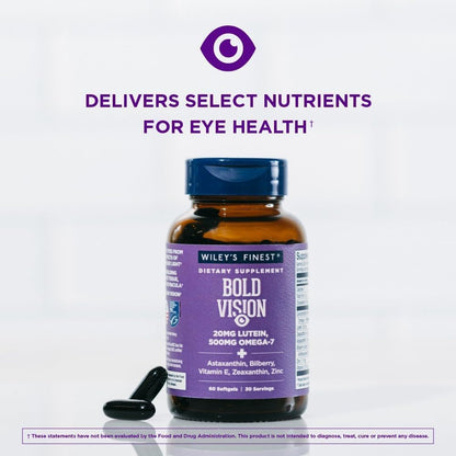 Wiley's Finest Wild Alaskan Fish Oil Bold Vision - Eye Health Food Supplement with Lutein and Omega-7 - 60 Softgels