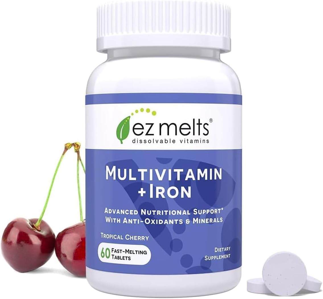 EZ Melts Multivitamin + Iron - Daily Multivitamin for Women and Men - Tropical Cherry - 60 Dissolvable Tablets - görsel 1