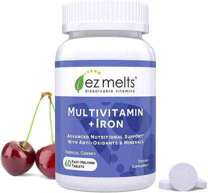 EZ Melts Multivitamin + Iron - Daily Multivitamin for Women and Men - Tropical Cherry - 60 Dissolvable Tablets