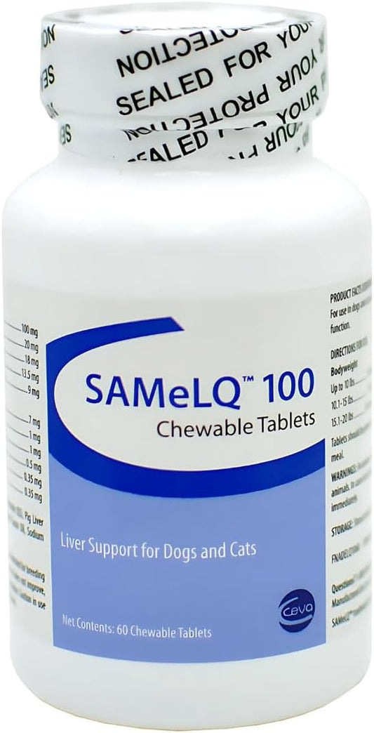 SAMeLQ 100 Chewable Tablets for Dogs and Cats - Liver Support Supplement with SAMe & Antioxidants, 100 mg, 60 Tablets