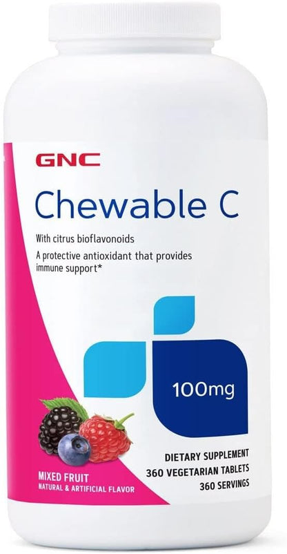 GNC Vitamin C 100mg Chewable Tablets, Mixed Fruit Flavour, 360 Tablets