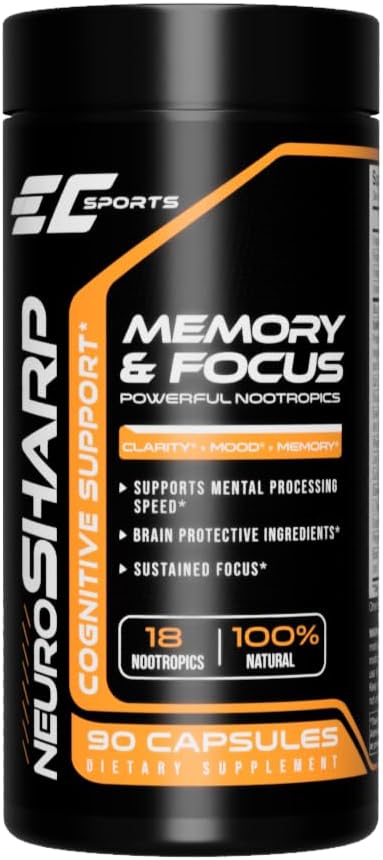 EC Sports NeuroSharp Powerful Nootropic Supplement for Focus, Faster Processing, Instant Positive Energy & Performance, Memory & Cognitive Support w/ 18 Nootropics - 90 Capsules - görsel 1