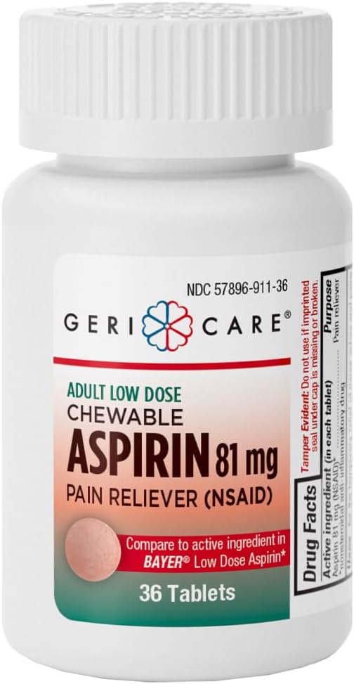 GeriCare Low Dose Adult Chewable Aspirin 81mg, Pain Reliever, Fever Reducer, 36 Tablets