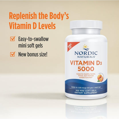 Nordic Naturals Vitamin D3 5000, Orange - 200 Mini Soft Gels - Support for Healthy Bones, Immune System, and Muscle Function - Vegetarian - Non-GM - 200 Servings