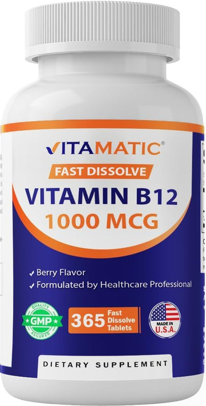 Vitamatic Vitamin B12 1000 mcg Fast Dissolve Tablets – Natural Berry Flavour – 3 Bottles