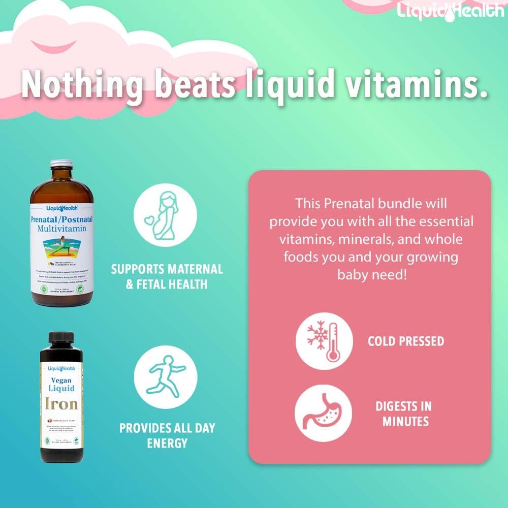 LIQUIDHEALTH Prenatal Baby Booster Pregnancy Vitamin Bundle – Vegan Prenatal/Postnatal Multivitamin with SunActive & Ferrochel Iron, Folate, Whole Foods – Manufactured in the USA (Bundle) - görsel 2