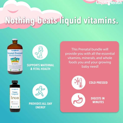 LIQUIDHEALTH Prenatal Baby Booster Pregnancy Vitamin Bundle – Vegan Prenatal/Postnatal Multivitamin with SunActive & Ferrochel Iron, Folate, Whole Foods – Manufactured in the USA (Bundle)