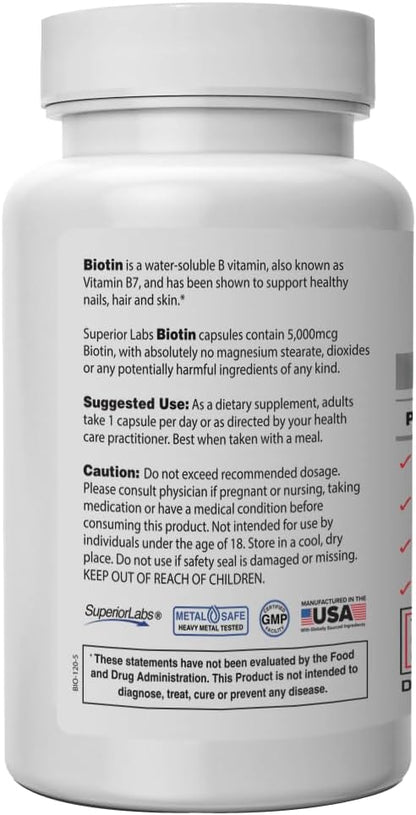 Superior Labs Biotin 5000 mcg – Non-GM Supplement for Hair, Skin and Nails – 120 Vegetable Capsules