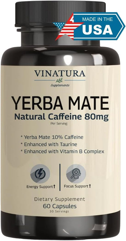 Yerba Mate 1400mg - Natural Caffeine & Energy Supplement with Taurine and Vitamin B Complex - 60 Capsules