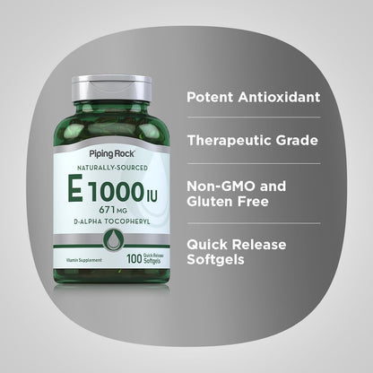 Piping Rock Vitamin E 1000 IU Soft gel capsule Capsules | 671mg | 100 Pills | D-Alpha Tocopheryl Supplement | Non-GMO, Gluten-free