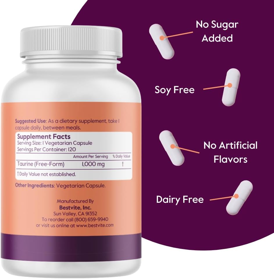 BESTVITE Taurine 1000mg (120 Vegan Capsules) - Pure Amino Acid Supplement - görsel 3