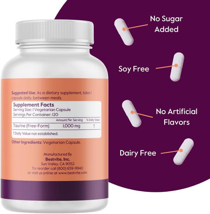 BESTVITE Taurine 1000mg (120 Vegan Capsules) - Pure Amino Acid Supplement