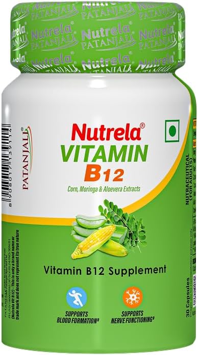 NUTRELA Patanjali Vitamin B12 Biofermented Plant Based Supplement for Men & Women with Moringa and Aloe Vera Extract - 30 Vegan Capsules (Pack of 2) - görsel 1