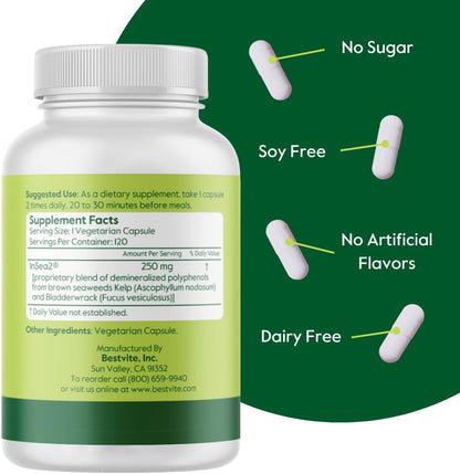 BESTVITE InSea2 250mg - Clinically Researched Blend of Kelp & Bladderwrack - No Stearates - Vegan - Non-GMO - Gluten-free