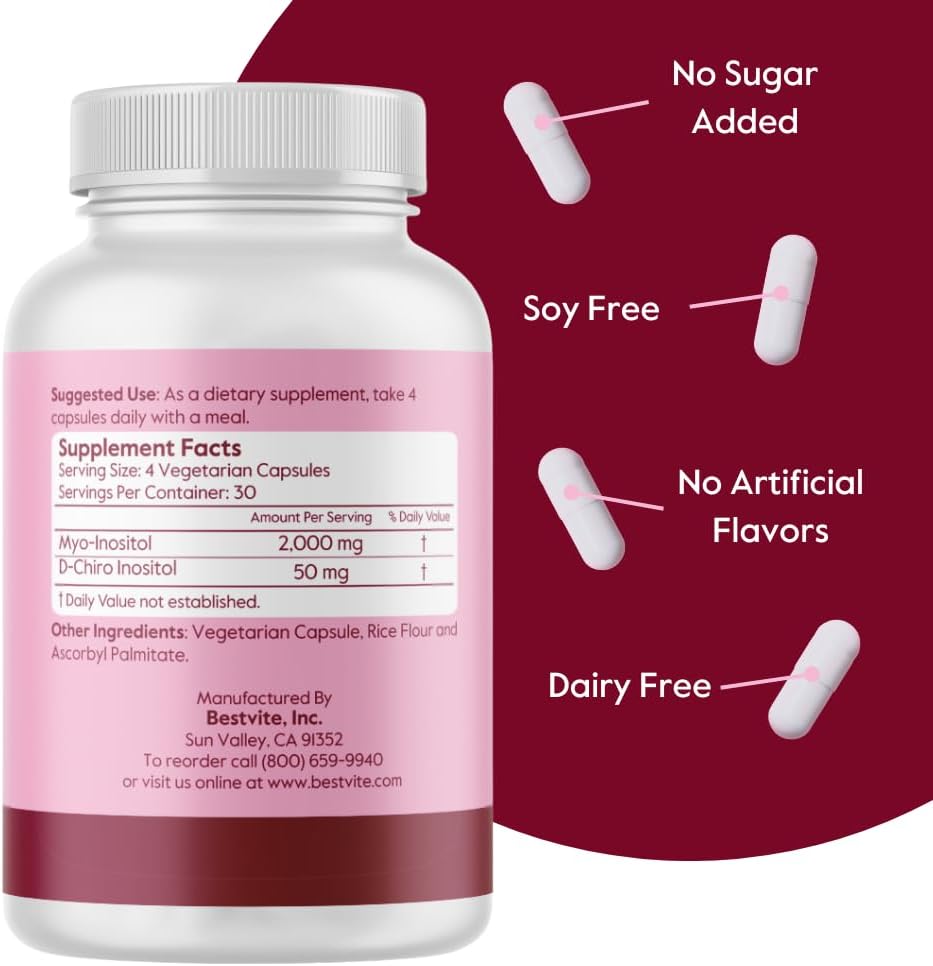 BESTVITE Myo & D-Chiro Inositol (120 Vegetarian Capsules) - 40:1 Ratio - No Stearates - Vegan - Non-GM - Gluten-free - görsel 3