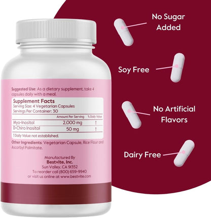 BESTVITE Myo & D-Chiro Inositol (120 Vegetarian Capsules) - 40:1 Ratio - No Stearates - Vegan - Non-GM - Gluten-free