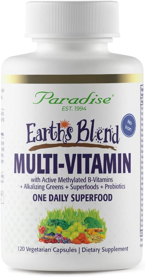 Paradise Herbs Earth's Blend Once Daily Multivitamin, No Iron, 48 Organic Superfoods, Probiotics, Antioxidants, Vitamins A, B12, C, D, K2, 120 Capsules - görsel 1