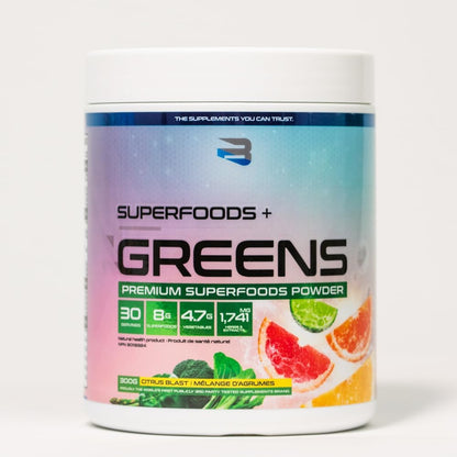 Believe Supplements Superfoods+Greens - Superfood Blend with 50+ Fruits & Veggies, Citrus Blast, 30 Servings