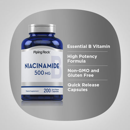 Piping Rock Niacinamide 500mg | 200 Capsules | Vitamin B3 Supplement