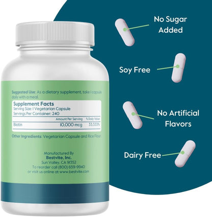 BESTVITE Biotin 10,000mcg - 240 Vegetarian Capsules (UK)