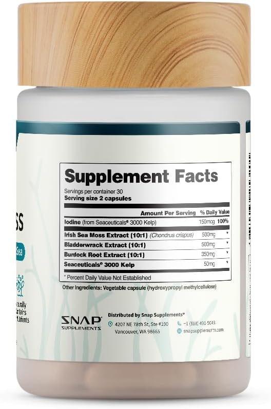 Snap Supplements Irish Sea Moss with Bladderwrack, Burdock Root & Iodine – Natural Sea Moss Supplement for Gut Health, Energy & Healthy-Looking Skin, 60 Vegan Capsules - görsel 9