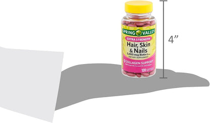Spring Valley Extra Strength Hair, Skin & Nails Collagen Support Soft gel capsules, 5000 mcg Biotin, 120 Soft gel capsules
