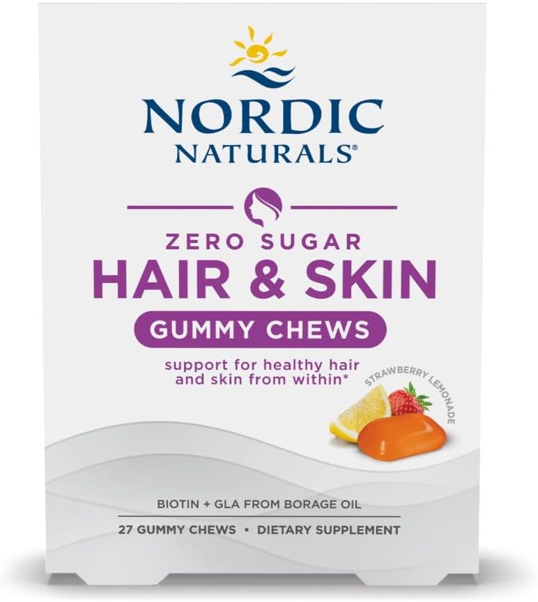 Nordic Naturals Zero Sugar Hair & Skin Gummy Chews - Strawberry Lemonade - 27 Gummy Chews - Biotin + GLA from Borage Oil – Image 1