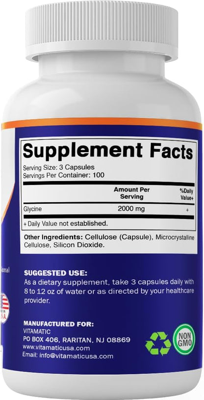 Vitamatic Glycine Supplements, 2000mg per Serving, 300 Capsules, Non-GM, Gluten-free