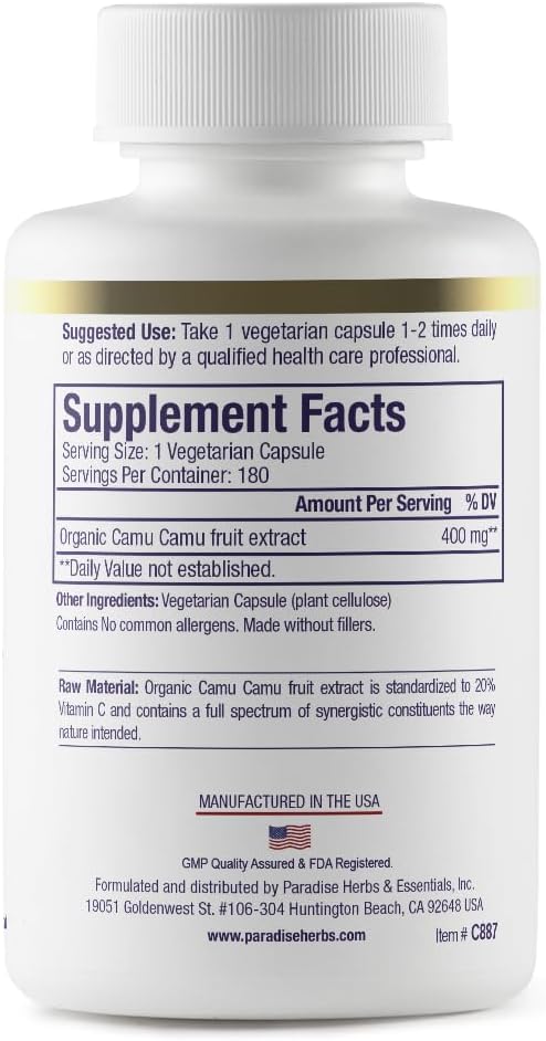 Paradise Herbs, Organic Camu Camu Extract, 400 mg, Rich in Vitamin C, Pure & Potent, Gluten-free, Non-GMO, Vegan, 180 Vegetarian Capsules - görsel 2