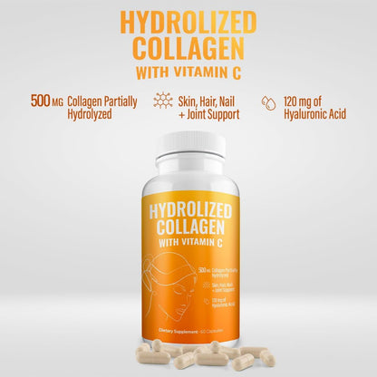 Aura Vitamin Hydrolysed Collagen with Vitamin C and Hyaluronic Acid Capsules, 500 mg, 120 Capsules (2 Bottles)