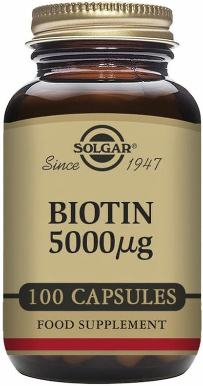 Solgar Biotin 5000 mcg - 100 Vegetable Capsules - Contributes to Normal Skin, Nails & Hair