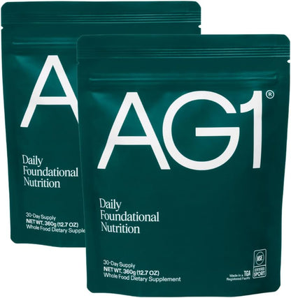 AG1 Greens Powder Food Supplement – Classic Formula, 2-Pack (30 Servings Per Pouch)