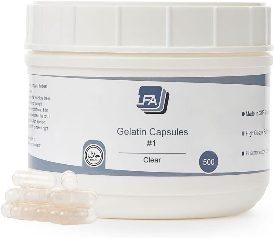 Capsules Size 1 - Clear Gelatine - 500 Count - Empty Pill Capsules - DIY Supplement Capsules - Halal - LFA Tablet Presses - görsel 1