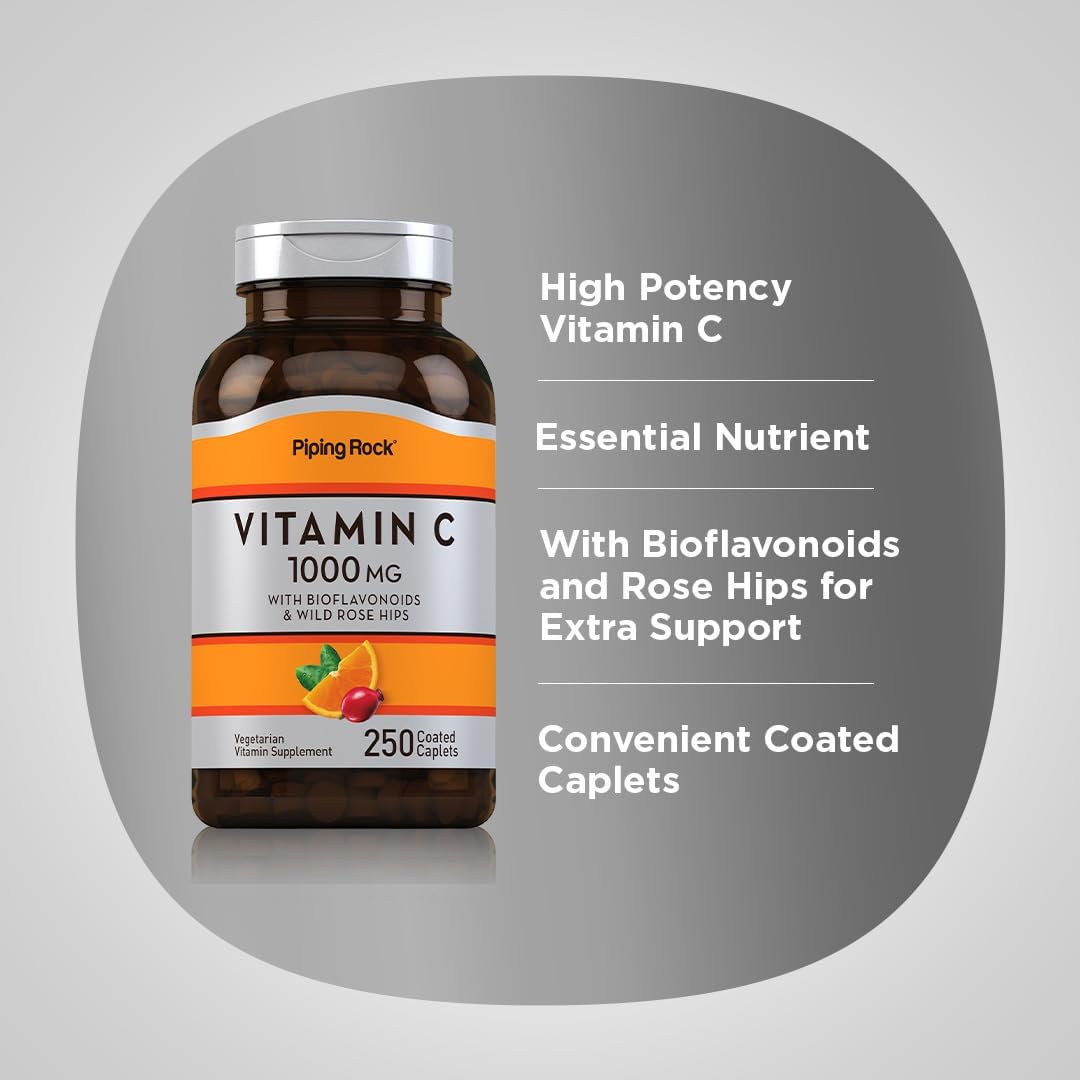 Piping Rock Vitamin C 1000mg with Bioflavonoids and Rose Hips, 250 Caplets - görsel 4