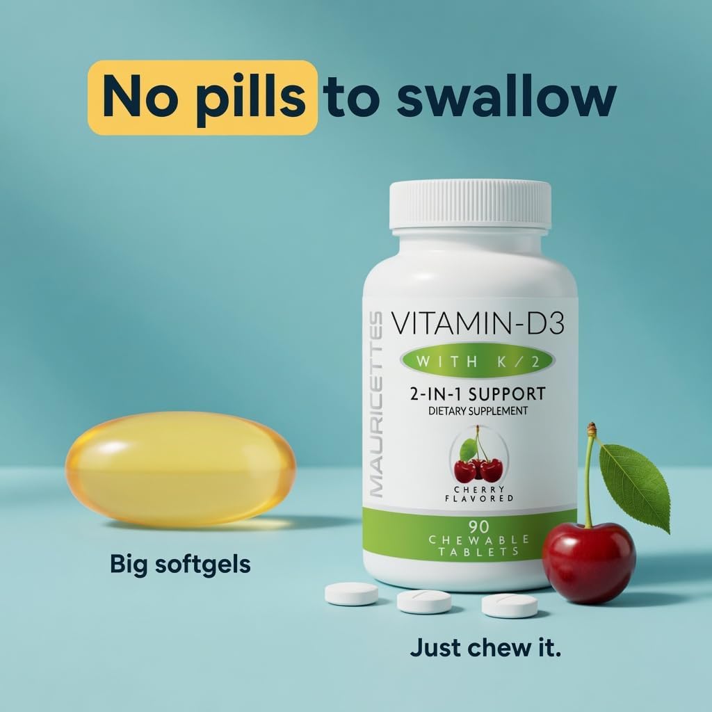 Mauricettes Chewable Vitamin D3 + K2 (MK-7) - Cherry Flavour - 2,000 IU, 90 Tablets - görsel 2