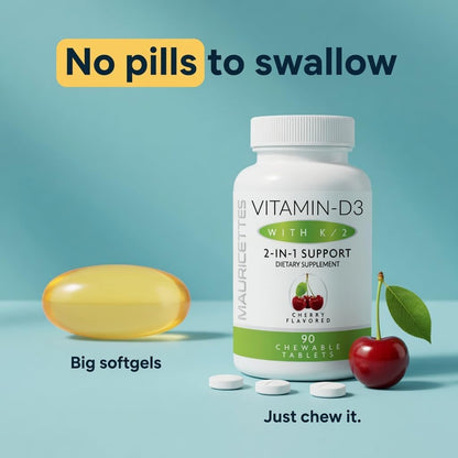 Mauricettes Chewable Vitamin D3 + K2 (MK-7) - Cherry Flavour - 2,000 IU, 90 Tablets