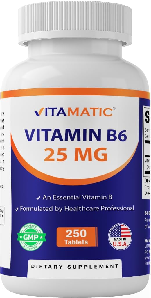 Vitamatic Vitamin B6 (Pyridoxine HCl), 25 mg, 250 Vegetarian Tablets - görsel 1