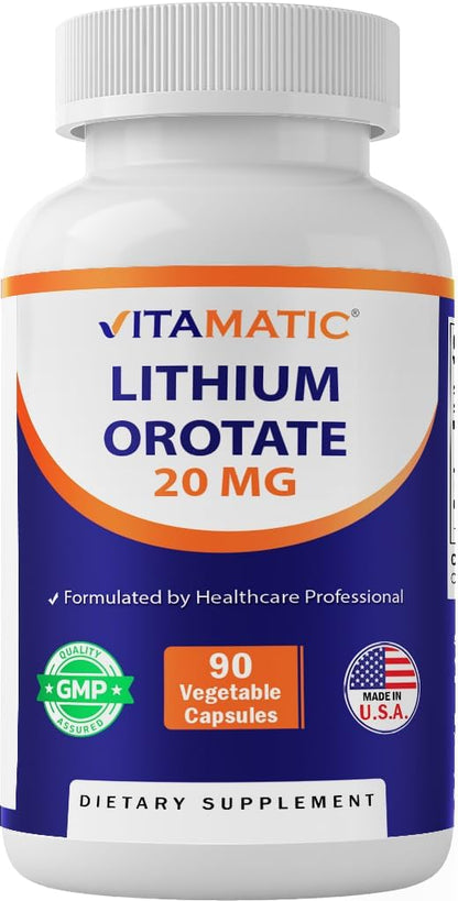 Vitamatic Lithium Orotate 20 mg, 90 Vegetable Capsules - Non-GMO, Gluten-free