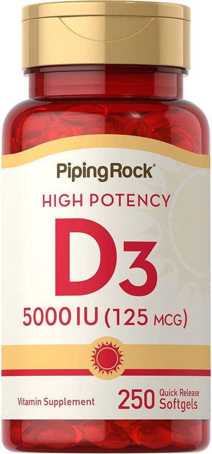Piping Rock Vitamin D3 5000 IU | 250 Softgels | High Potency Supplement | Non-GMO, Gluten-free