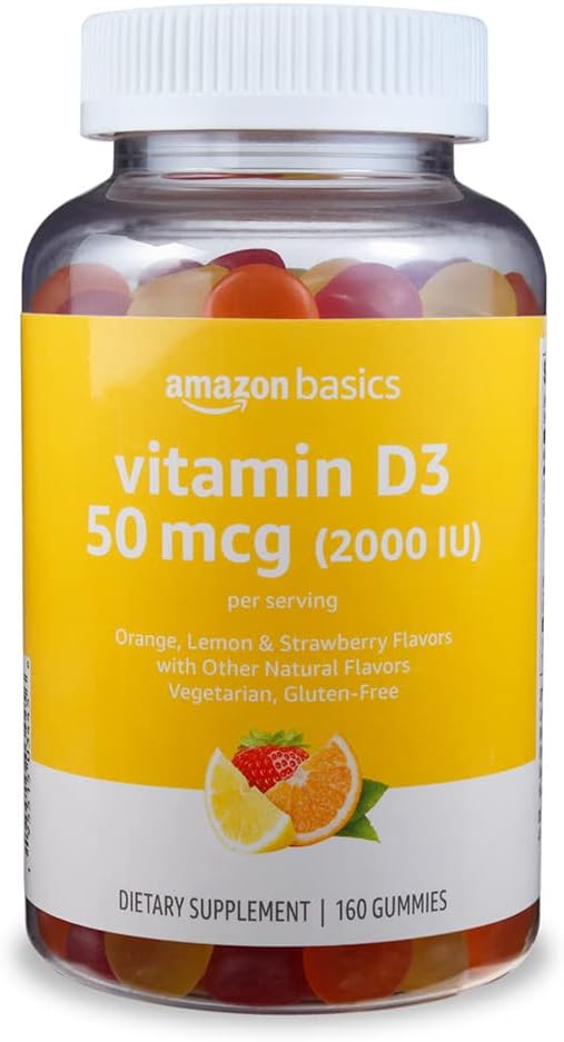 Amazon Basics Vitamin D3 2000 IU Gummies, Orange, Lemon & Strawberry, 160 Count (2 per Serving) - görsel 1