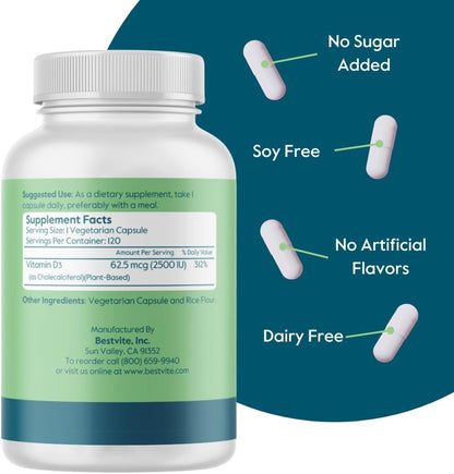 BESTVITE Vegan Vitamin D3 2500 IU (120 Vegetarian Capsules) - Vegan, Non-GMO, Gluten-free