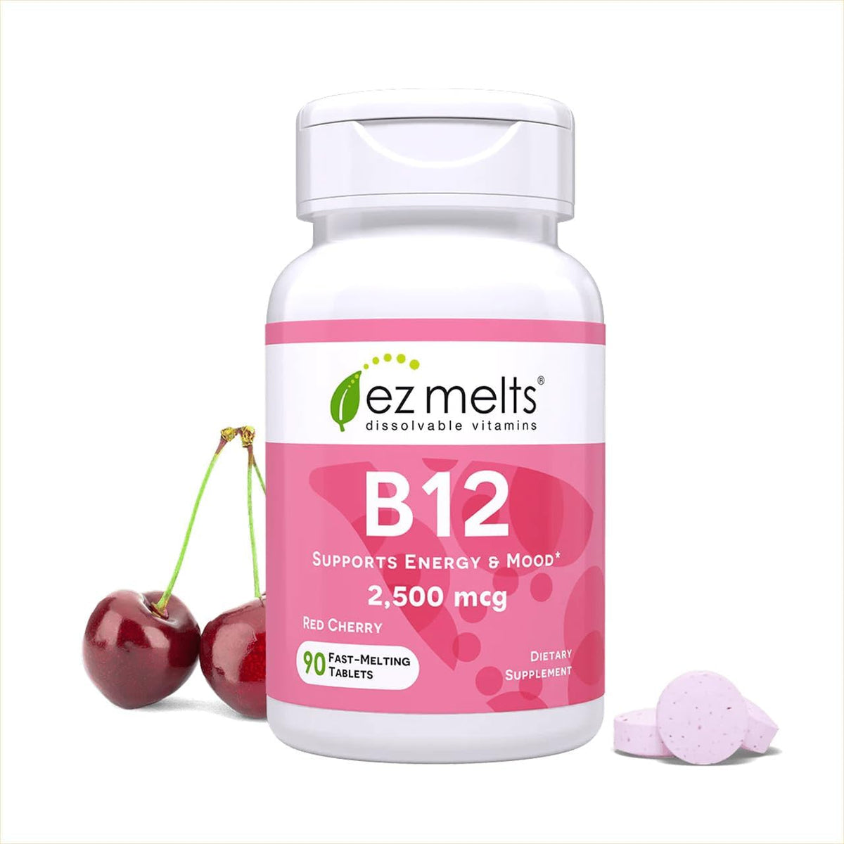 EZ Melts Dissolvable B12 Methylcobalamin 2500 mcg – Red Cherry – 90 Sublingual Tablets - görsel 1