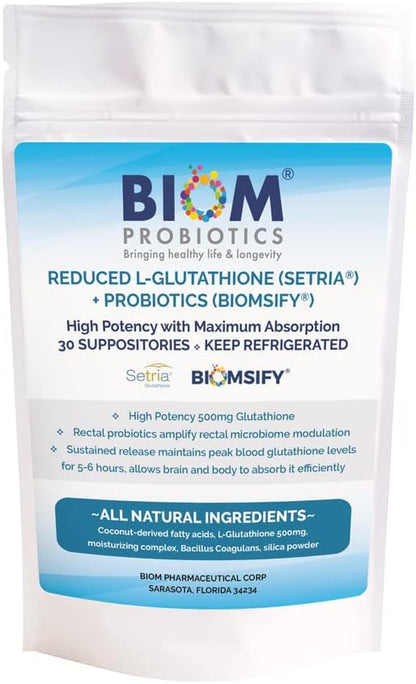 High Potency 500mg Reduced L-Glutathione (Setria Brand) + Probiotic Suppository - Bio-available Glutathione with Probiotics