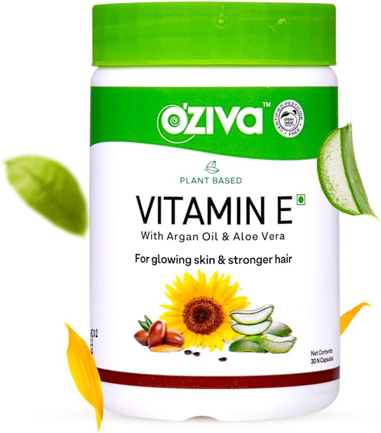 OZiva Plant-Based Vitamin E + Aloe Vera + Argan Oil for Glowing Skin and Stronger Hair, 30 Vegan Capsules - görsel 1