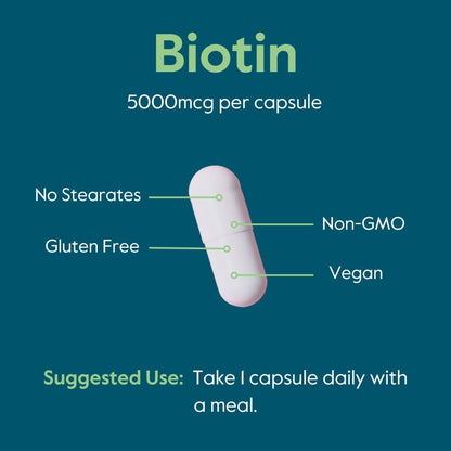 BESTVITE Biotin 5000mcg (120 Vegetarian Capsules) - No Stearates - No Flow Agents - Vegan - Non GMO - Gluten-free - Hair, Skin, Nails
